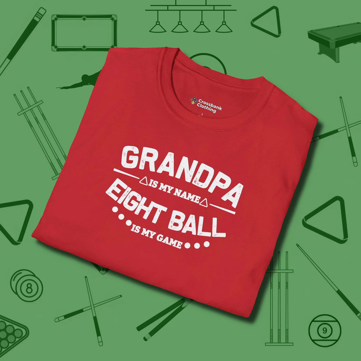 Eight Ball Grandpa T-Shirt, folded view, in Red subtle drip for serious shooters
