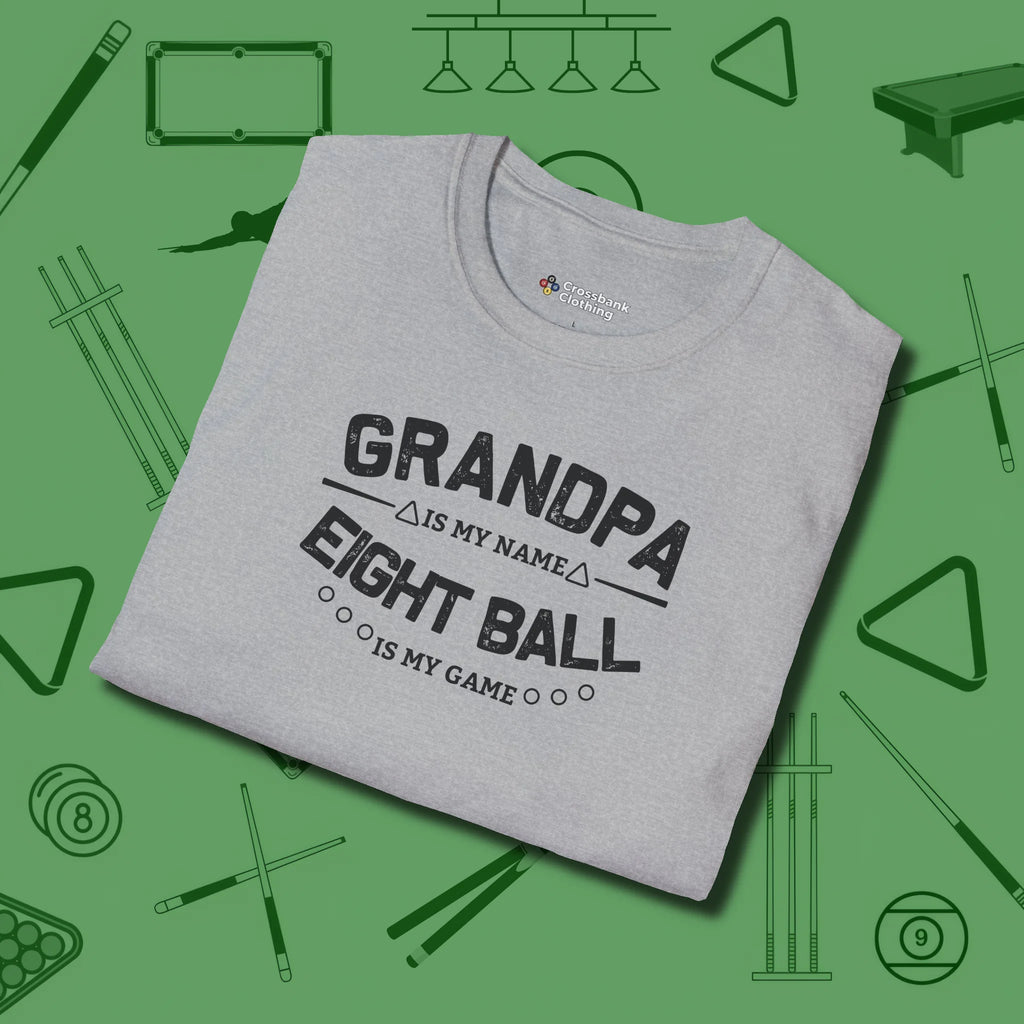 Eight Ball Grandpa T-Shirt, folded view, in Sport Grey stitched for cue discipline and cool confidence