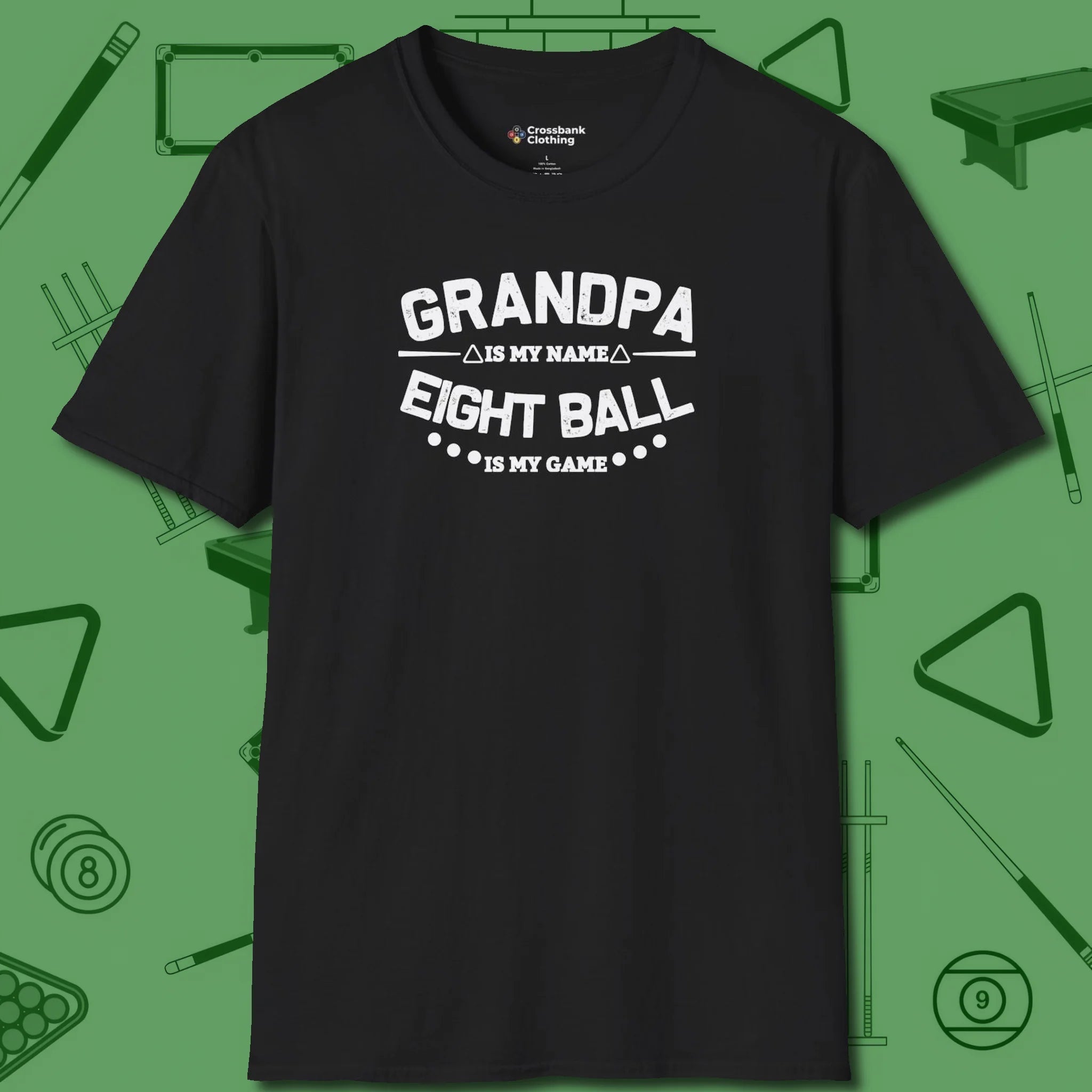 Eight Ball Grandpa T-Shirt, front view, in Black smart apparel for strategic players