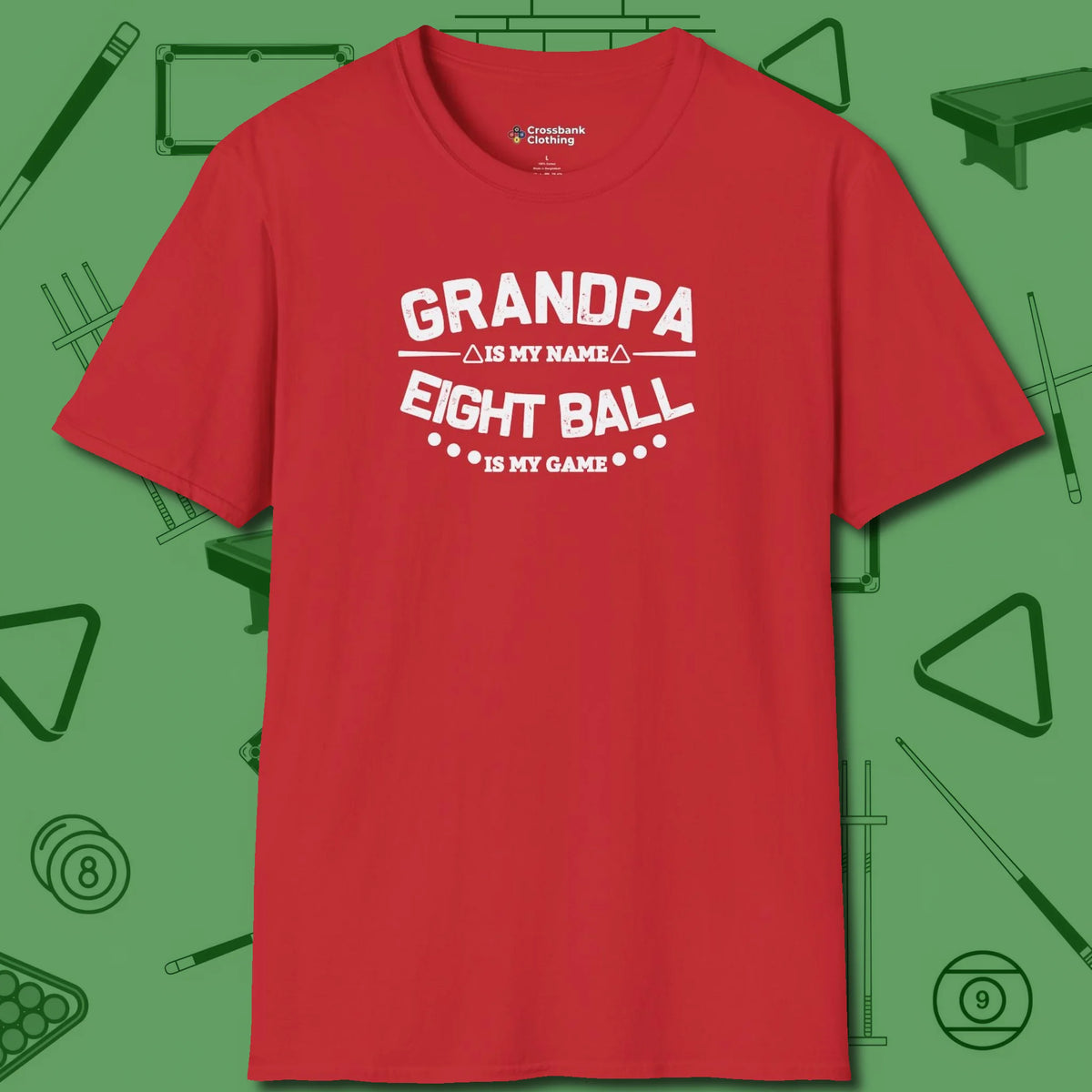 Eight Ball Grandpa T-Shirt, front view, in Red for shooters who dress like they play: sharp