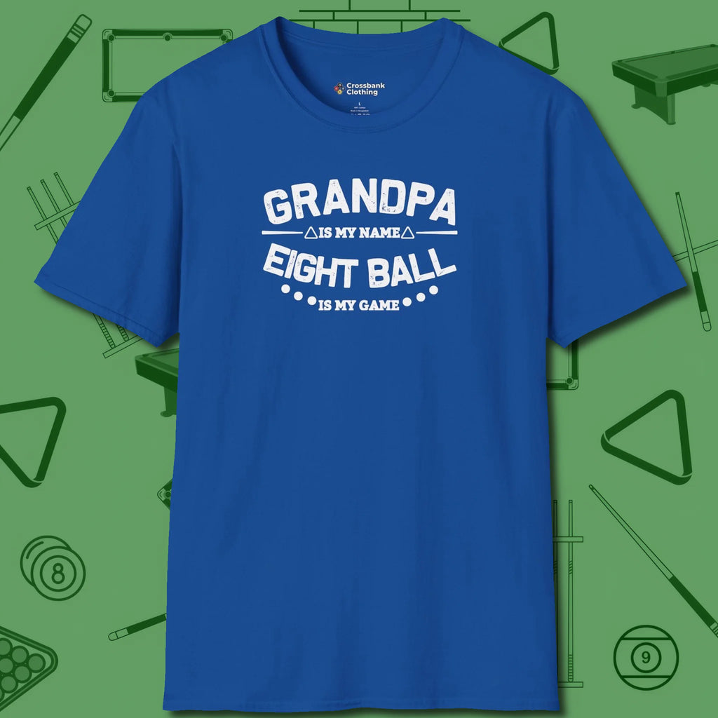 Eight Ball Grandpa T-Shirt, front view, in Royal like your stroke — smooth and deliberate