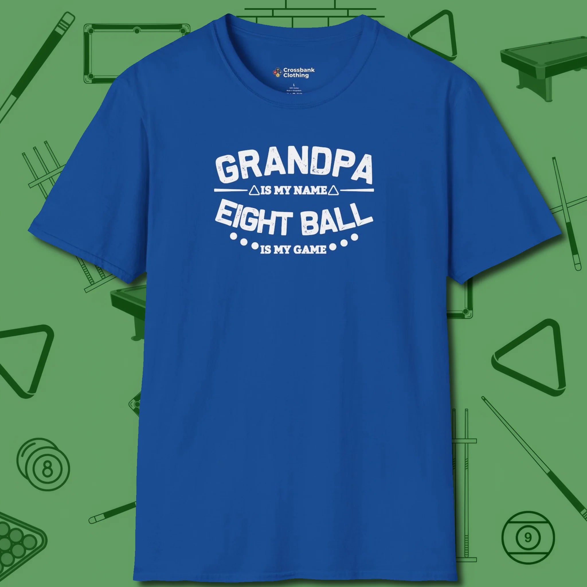 Eight Ball Grandpa T-Shirt, front view, in Royal like your stroke — smooth and deliberate
