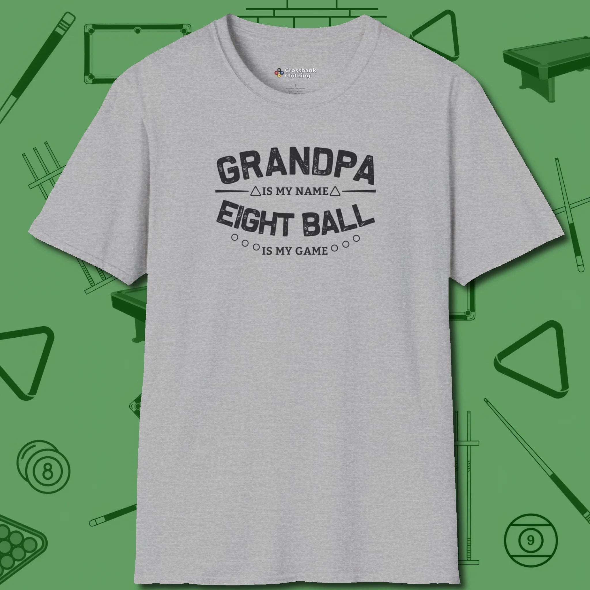 Eight Ball Grandpa T-Shirt, front view, in Sport Grey subtle drip for serious shooters