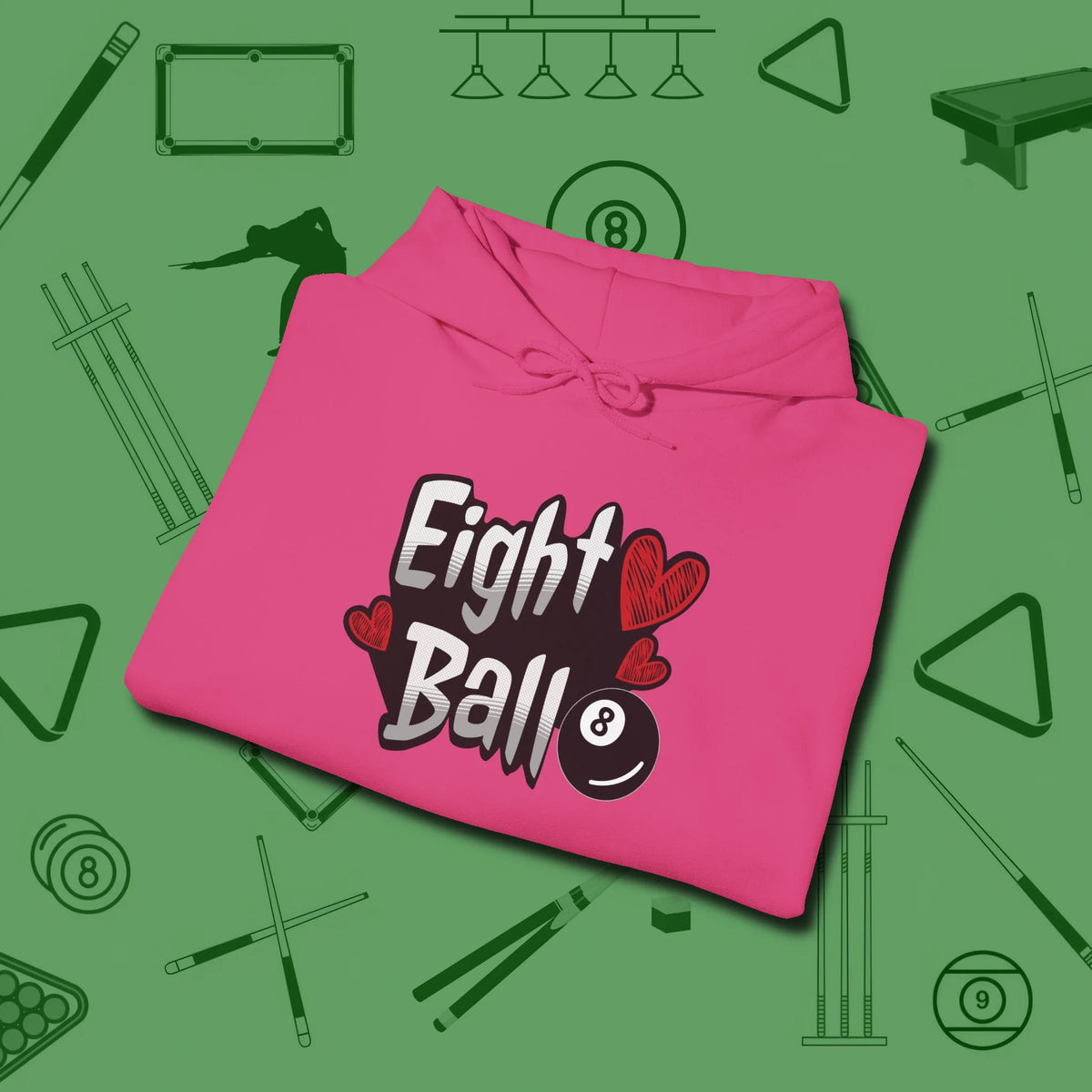 Eight Ball Hearts Billiards Hoodie, folded view, in Heliconia stitched for cue discipline and cool confidence