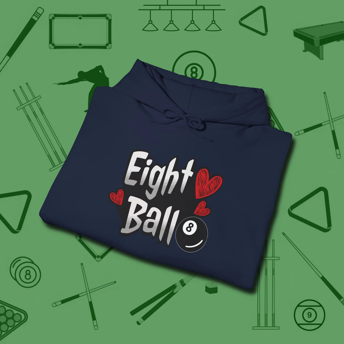 Eight Ball Hearts Billiards Hoodie, folded view, in Navy your go-to shirt for league night victories