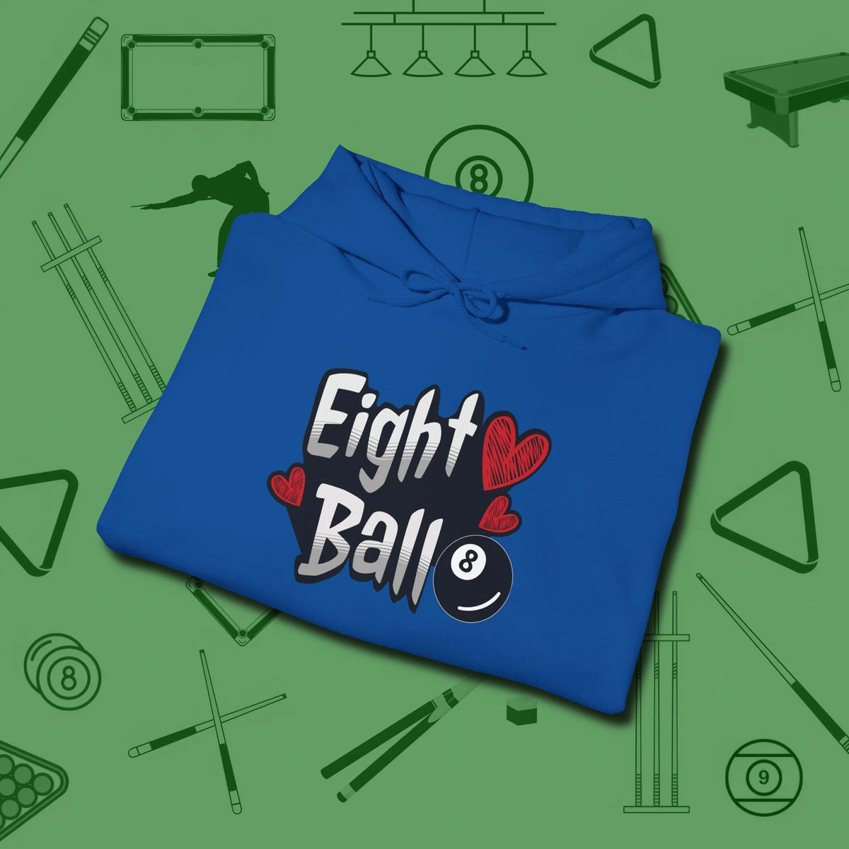 Eight Ball Hearts Billiards Hoodie, folded view, in Royal tough like your favorite break cue
