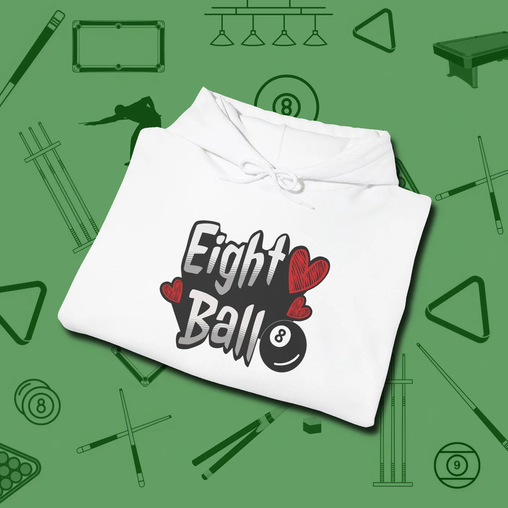 Eight Ball Hearts Billiards Hoodie, folded view, in White look good while calling your pocket