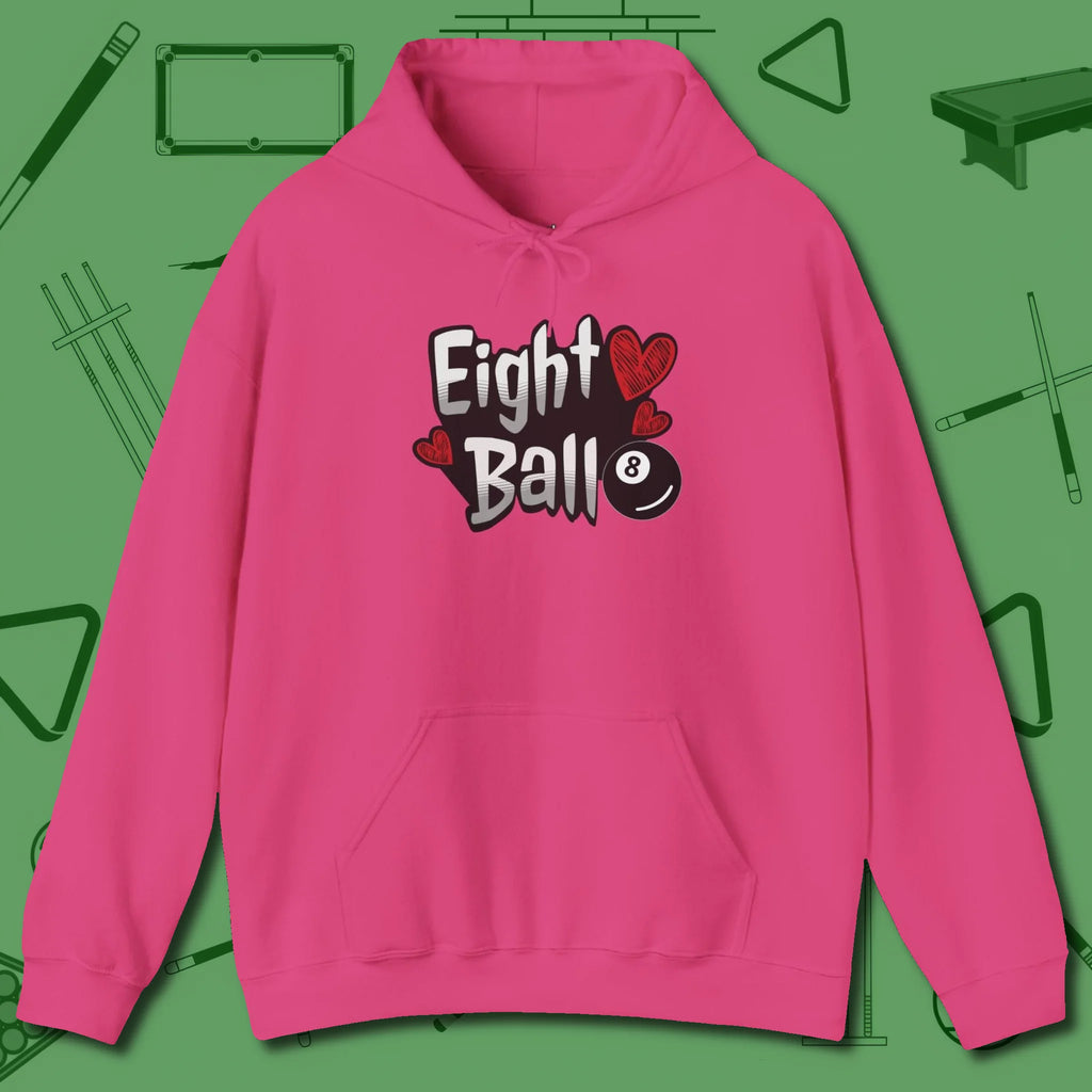 Eight Ball Hearts Billiards Hoodie, front view, in Heliconia for players who live the game