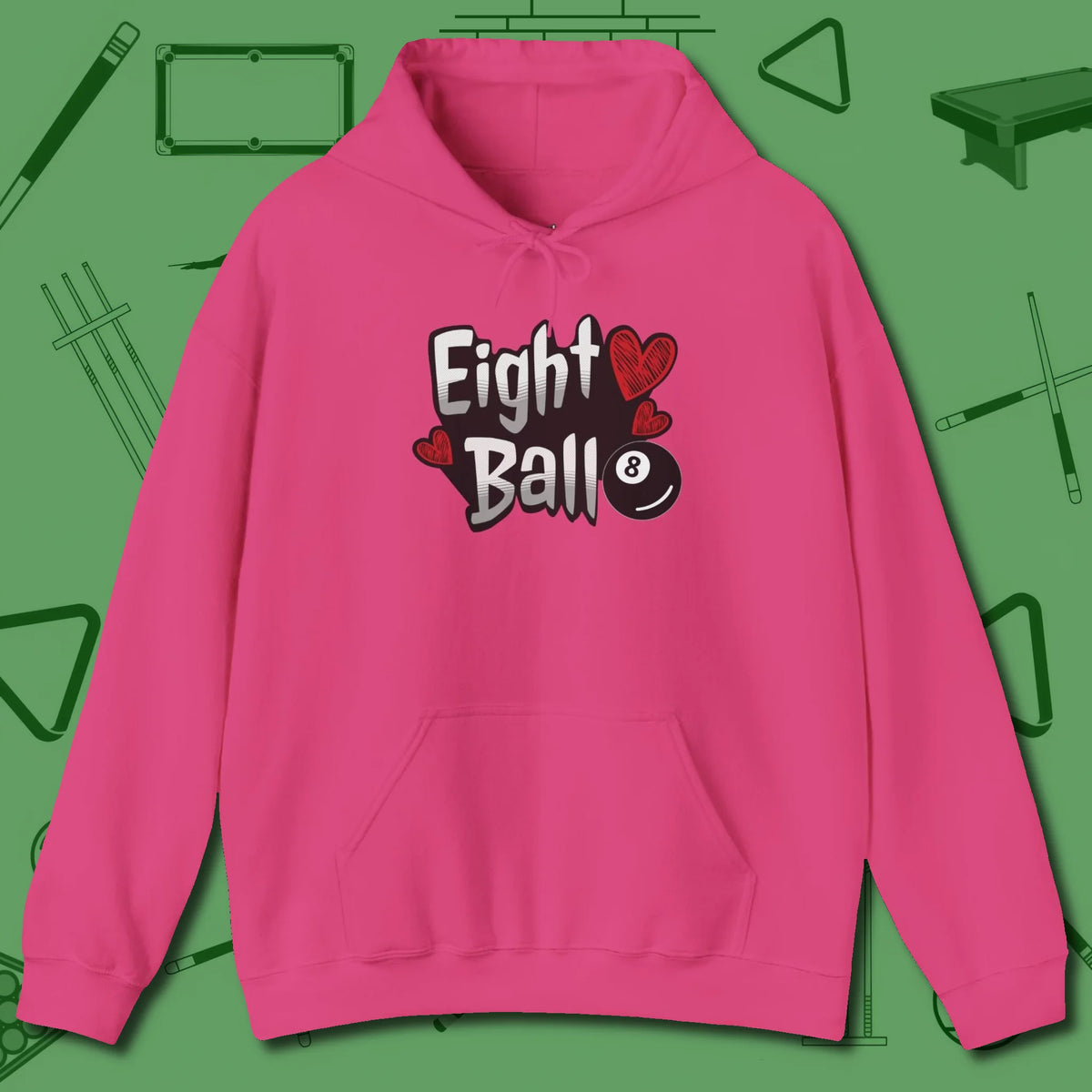 Eight Ball Hearts Billiards Hoodie, front view, in Heliconia for players who live the game