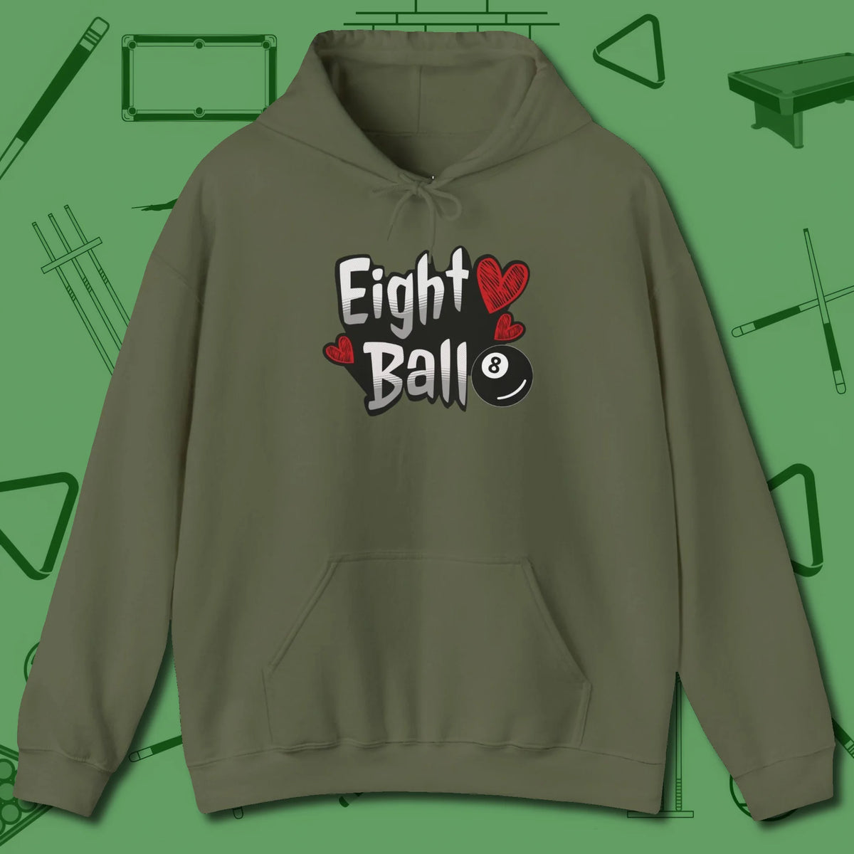 Eight Ball Hearts Billiards Hoodie, front view, in Military Green as serious as your stroke