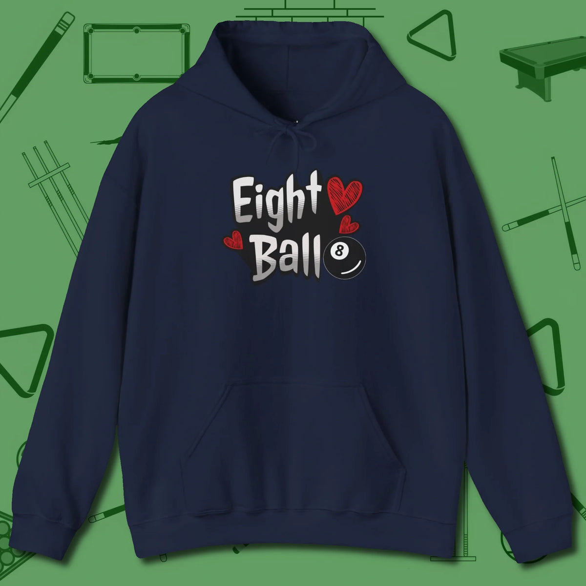 Eight Ball Hearts Billiards Hoodie, front view, in Navy cue sports swagger done right