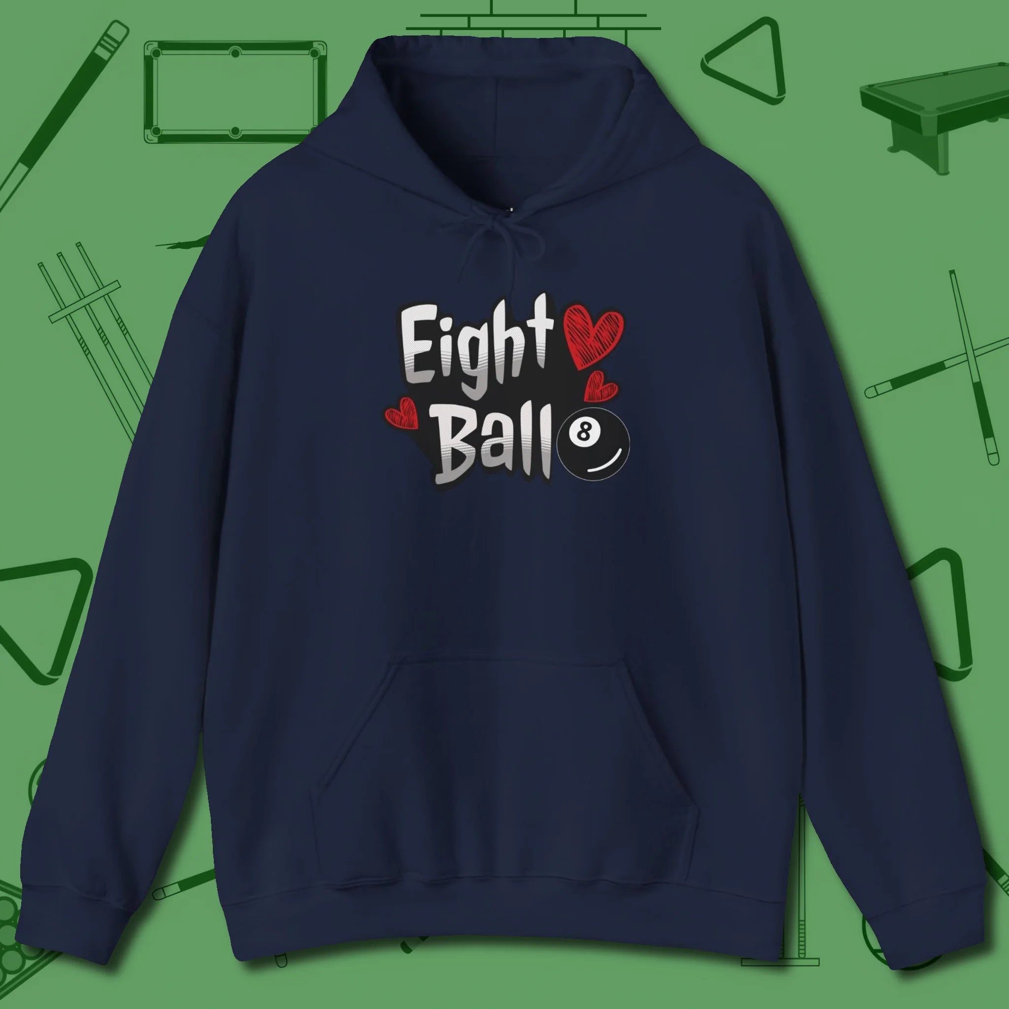 Eight Ball Hearts Billiards Hoodie, front view, in Navy cue sports swagger done right