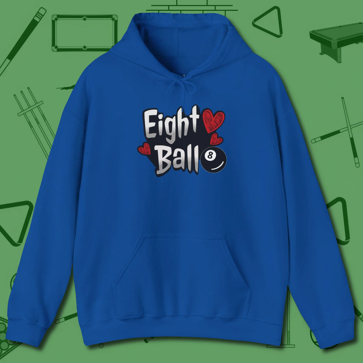 Eight Ball Hearts Billiards Hoodie, front view, in Royal what the real shooters wear