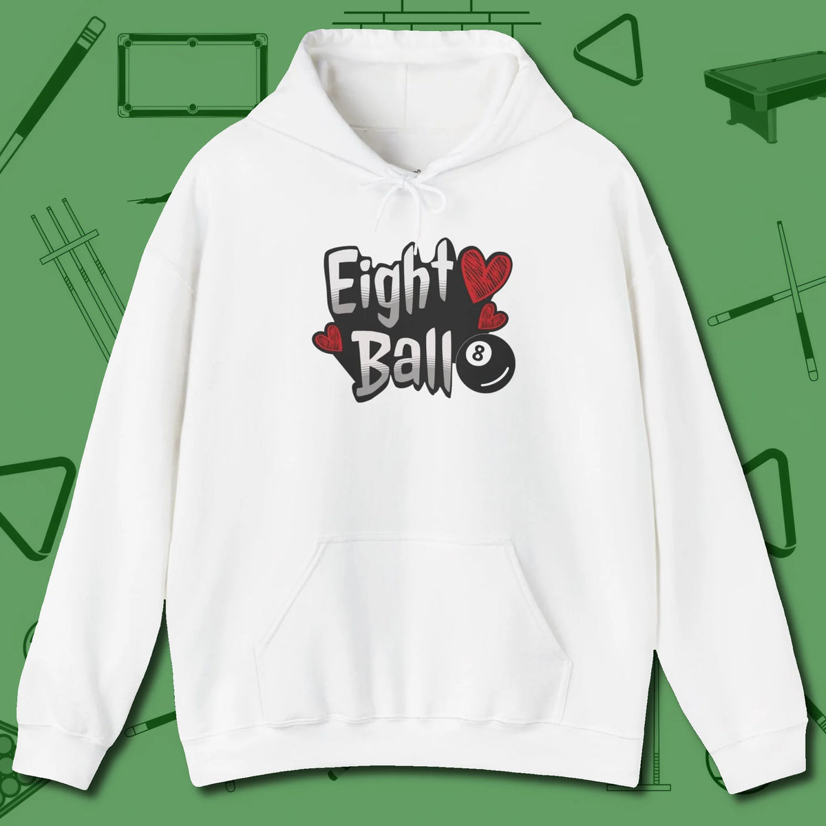 Eight Ball Hearts Billiards Hoodie, front view, in White break, run out, turn heads — repeat