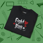 Eight Ball Hearts Billiards T-Shirt, folded view, in Black like your stroke — smooth and deliberate