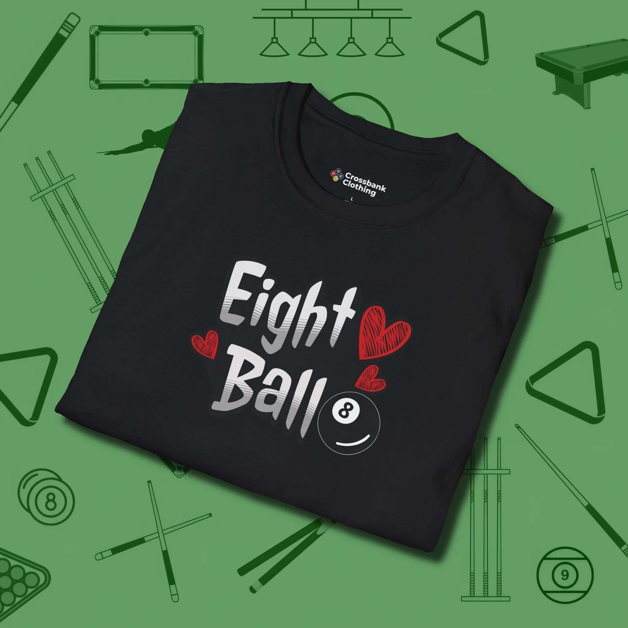 Eight Ball Hearts Billiards T-Shirt, folded view, in Black like your stroke — smooth and deliberate