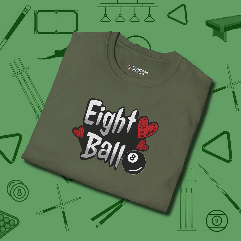 Eight Ball Hearts Billiards T-Shirt, folded view, in Military Green where cue control meets personal style