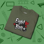 Eight Ball Hearts Billiards T-Shirt, folded view, in Military Green where cue control meets personal style