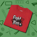Eight Ball Hearts Billiards T-Shirt, folded view, in Red poolroom style with tournament attitude