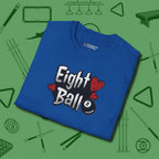 Eight Ball Hearts Billiards T-Shirt, folded view, in Royal cool under pressure, hot on the eyes