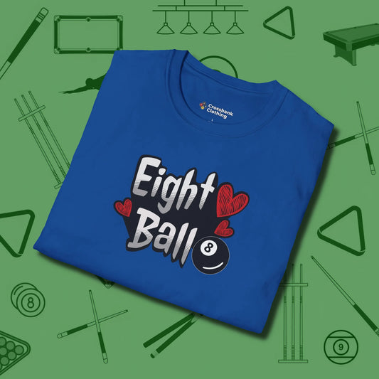 Eight Ball Hearts Billiards T-Shirt, folded view, in Royal cool under pressure, hot on the eyes