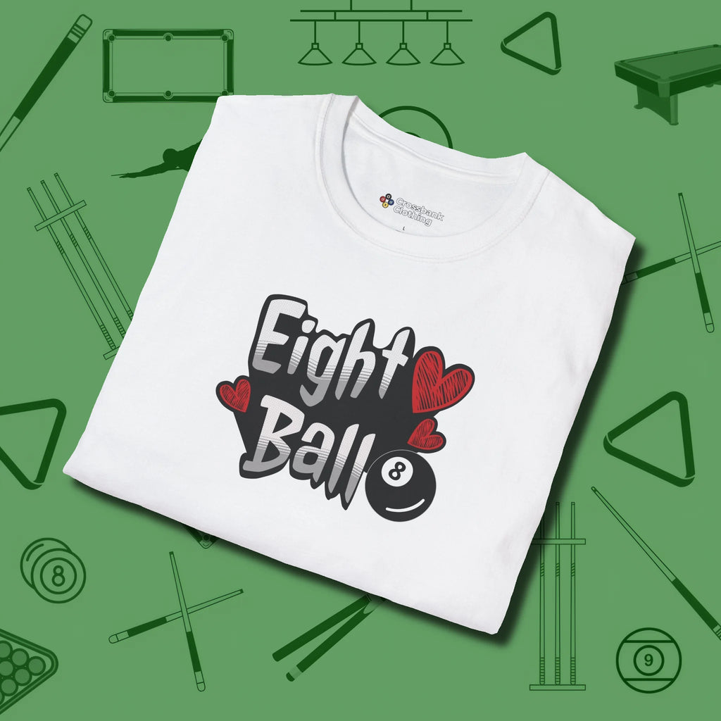 Eight Ball Hearts Billiards T-Shirt, folded view, in White put your best game on display