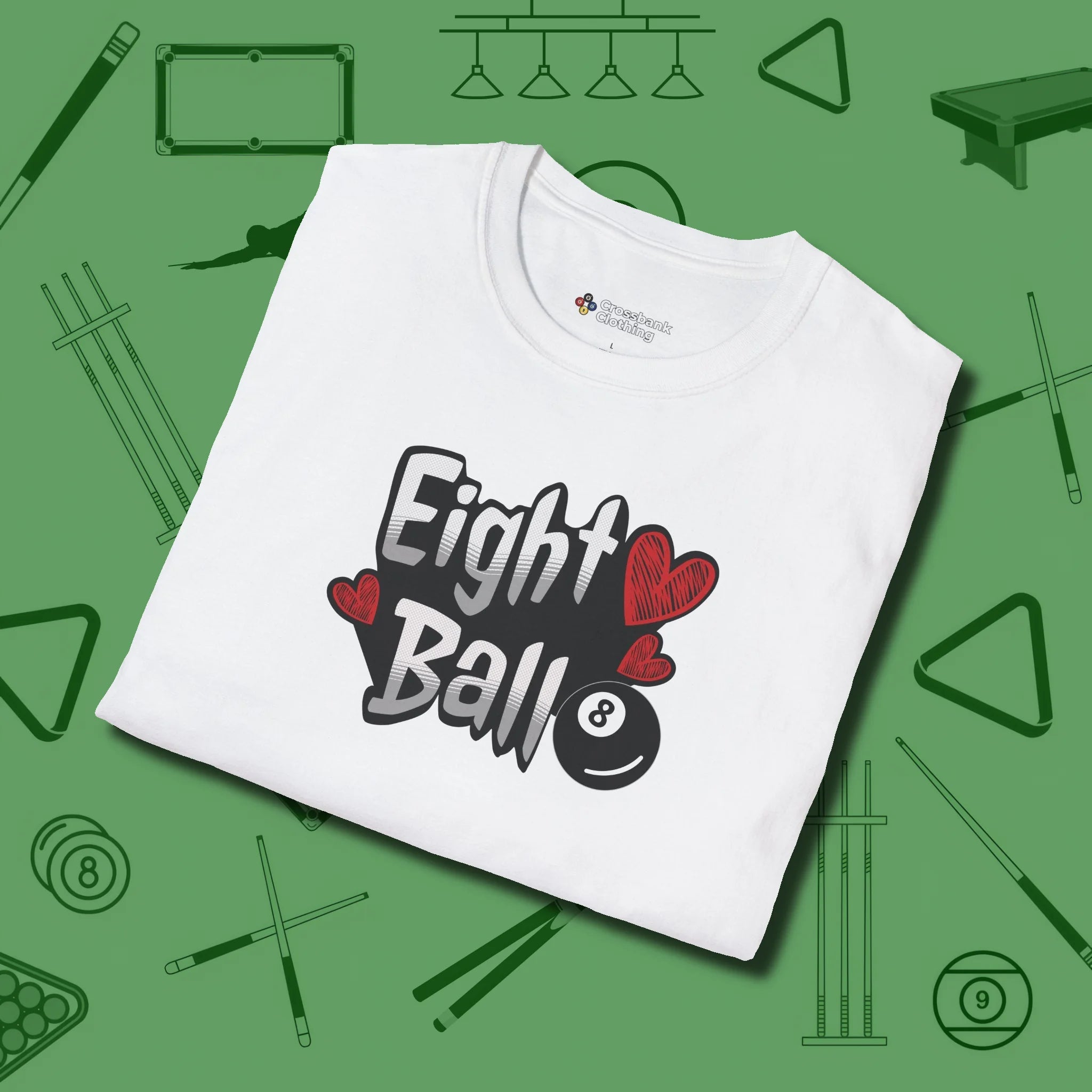 Eight Ball Hearts Billiards T-Shirt, folded view, in White put your best game on display
