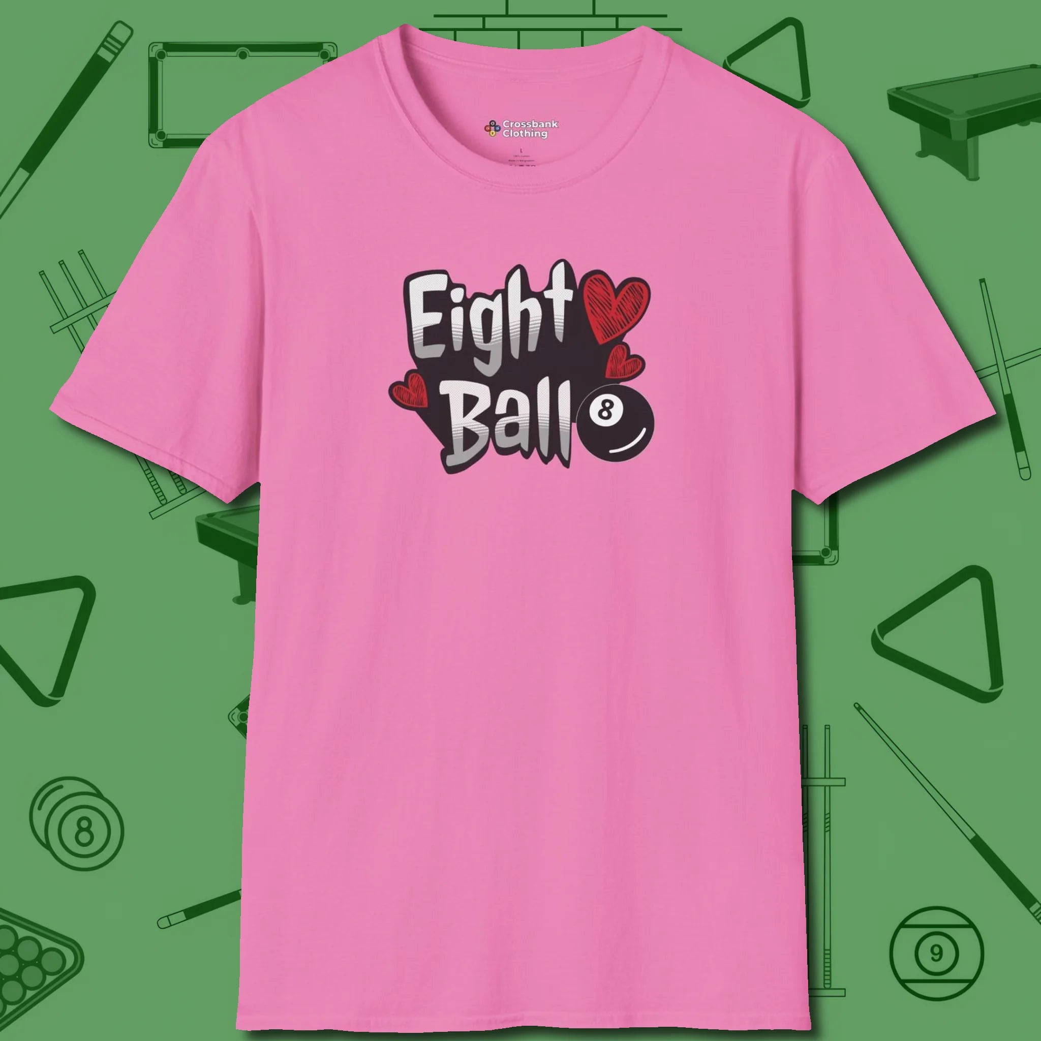 Eight Ball Hearts Billiards T-Shirt, front view, in Azalea subtle drip for serious shooters