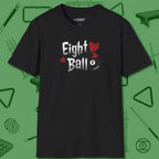Eight Ball Hearts Billiards T-Shirt, front view, in Black ideal for clean hits and clean fits
