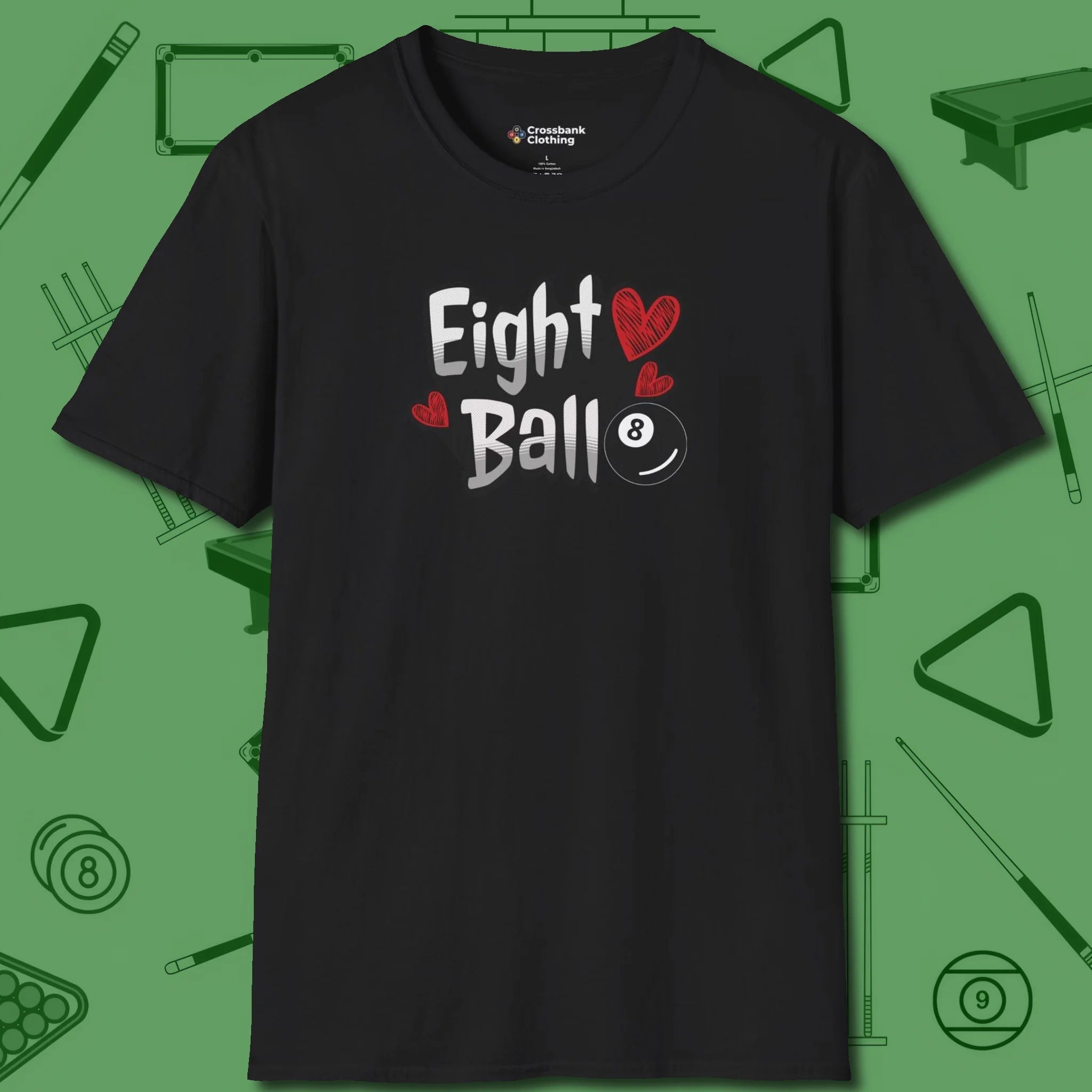 Eight Ball Hearts Billiards T-Shirt, front view, in Black ideal for clean hits and clean fits