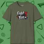 Eight Ball Hearts Billiards T-Shirt, front view, in Military Green for shooters who dress like they play: sharp