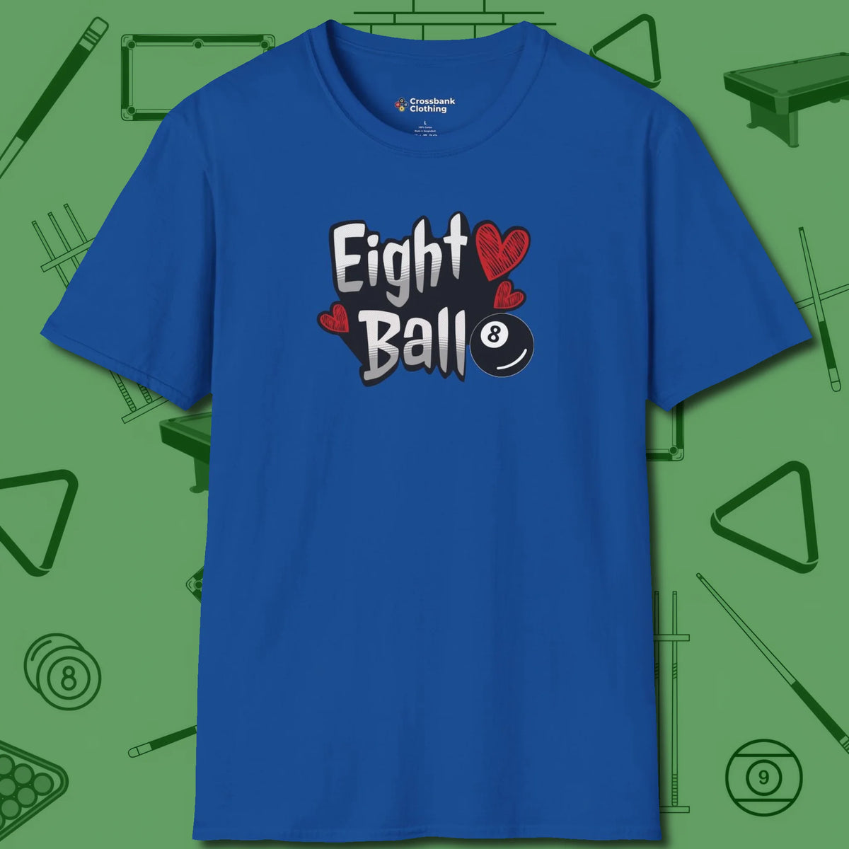 Eight Ball Hearts Billiards T-Shirt, front view, in Royal for players who live the game