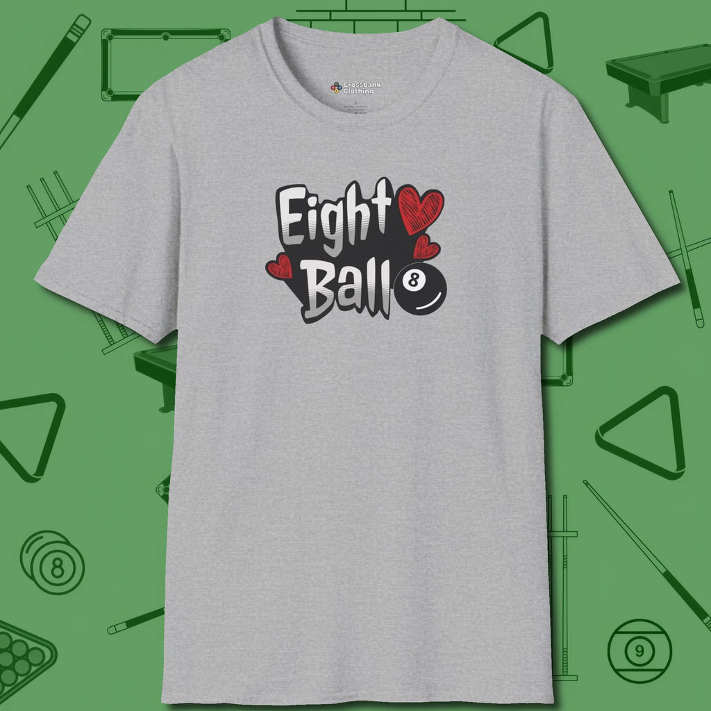 Eight Ball Hearts Billiards T-Shirt, front view, in Sport Grey not your average 8-ball graphic tee