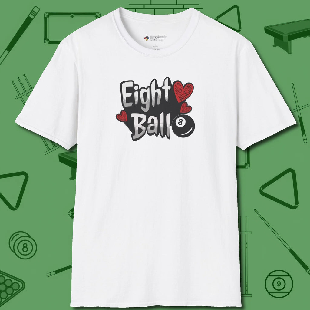 Eight Ball Hearts Billiards T-Shirt, front view, in White attitude built for the long haul