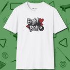 Eight Ball Hearts Billiards T-Shirt, front view, in White attitude built for the long haul