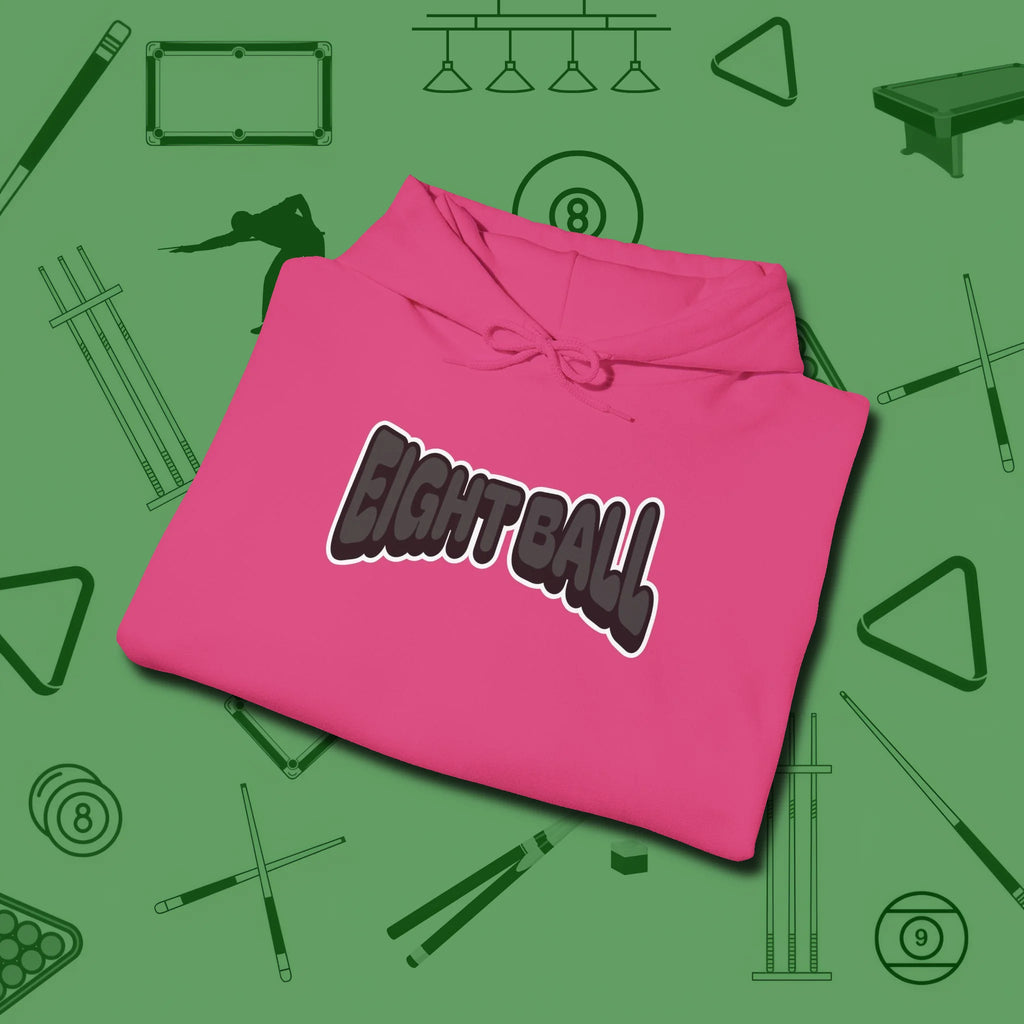 Eight Ball Letters Hoodie, folded view, in Heliconia cue sports swagger done right