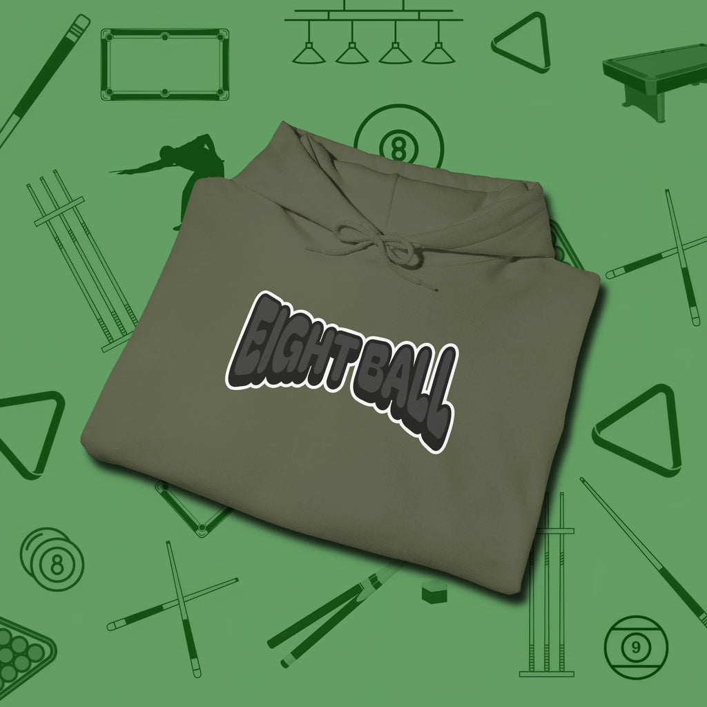 Eight Ball Letters Hoodie, folded view, in Military Green smart enough for the felt and the street