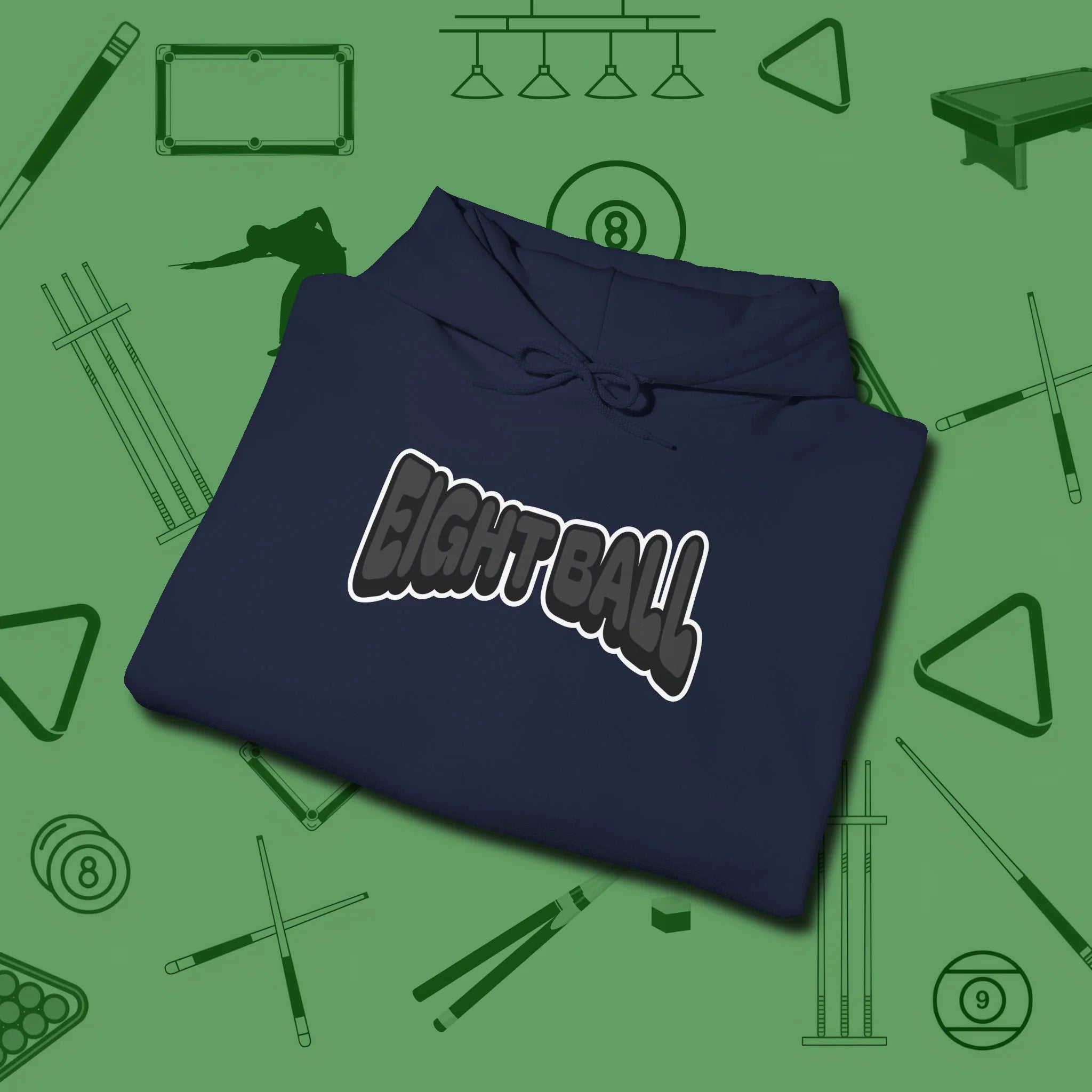 Eight Ball Letters Hoodie, folded view, in Navy made for pool sharks, not posers
