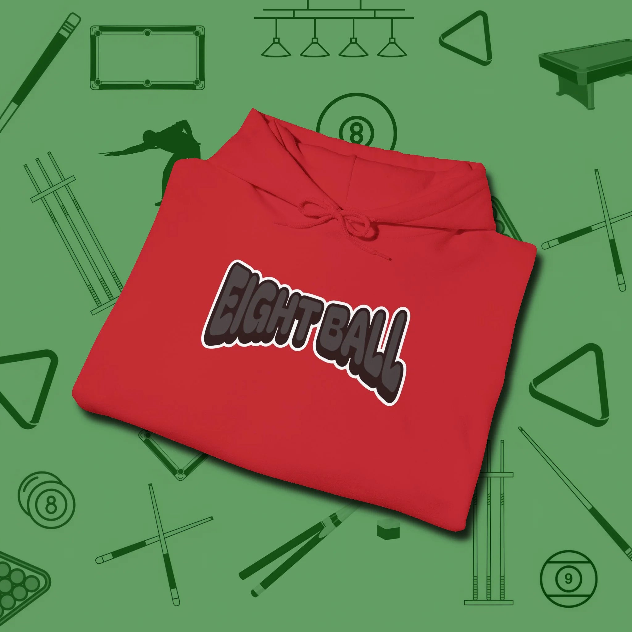 Eight Ball Letters Hoodie, folded view, in Red tough like your favorite break cue