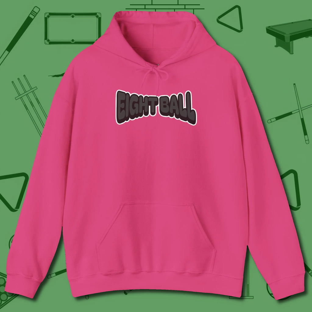 Eight Ball Letters Hoodie, front view, in Heliconia made for pool sharks, not posers