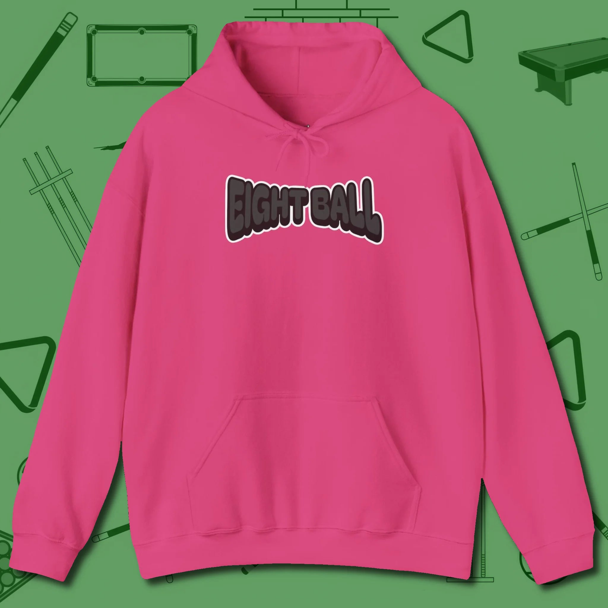 Eight Ball Letters Hoodie, front view, in Heliconia made for pool sharks, not posers