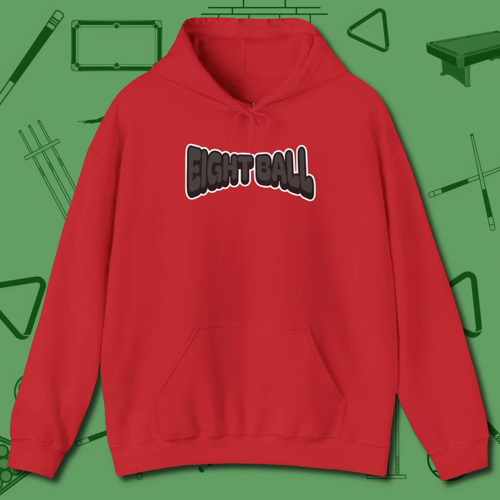 Eight Ball Letters Hoodie, front view, in Red fashion with break-and-run energy