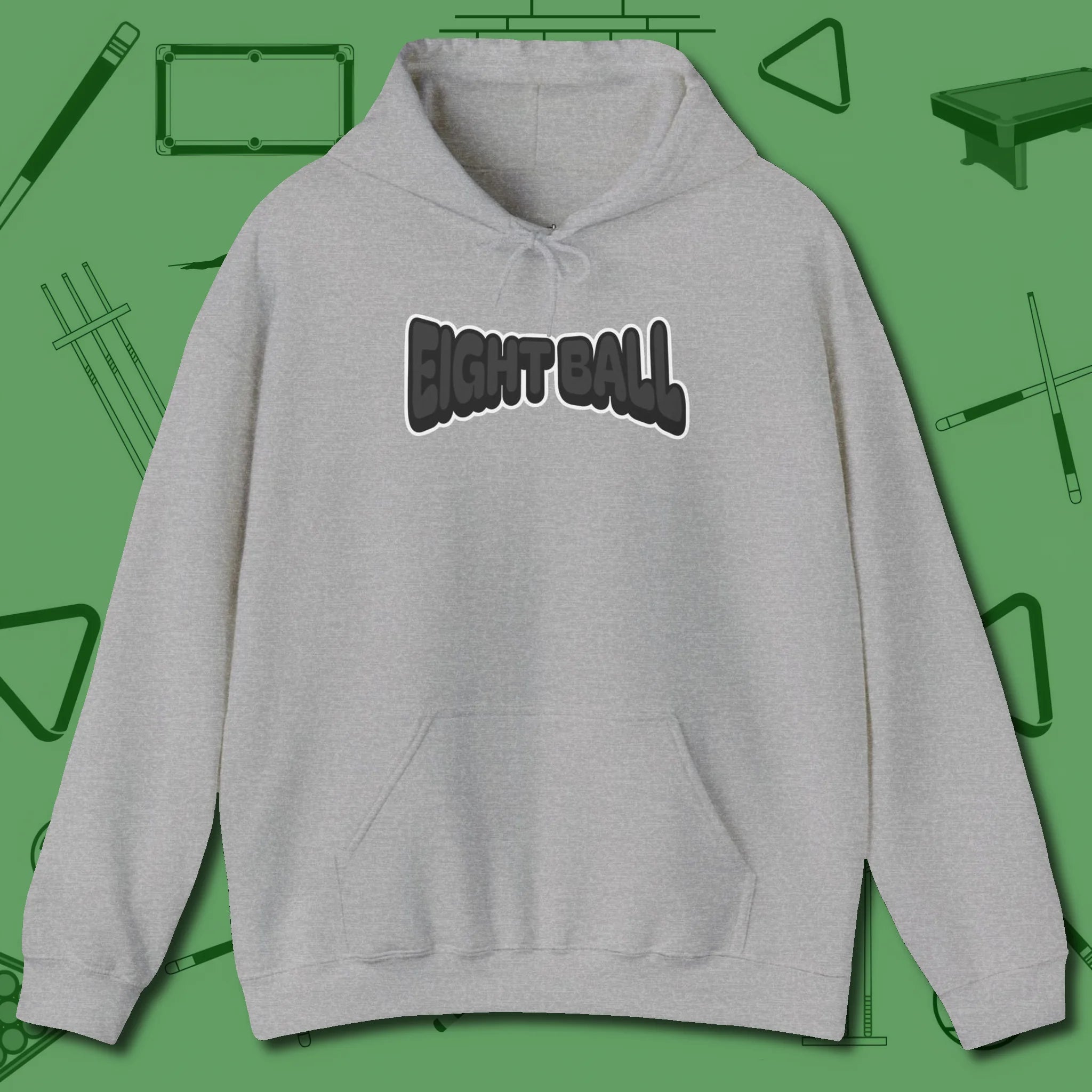 Eight Ball Letters Hoodie, front view, in Sport Grey from chalk to clutch, look the part