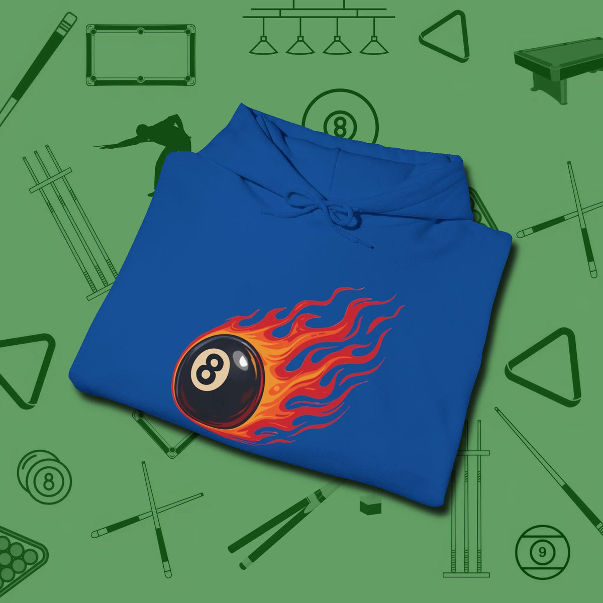 Eight Ball Inferno Hoodie, folded view, in Royal tough like your favorite break cue