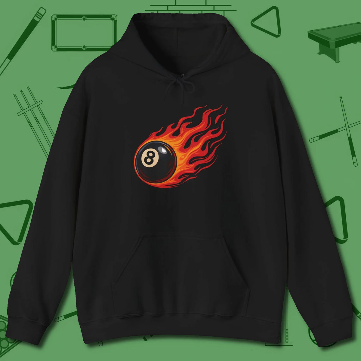 Eight Ball Inferno Hoodie, front view, in Black because the table is your battlefield