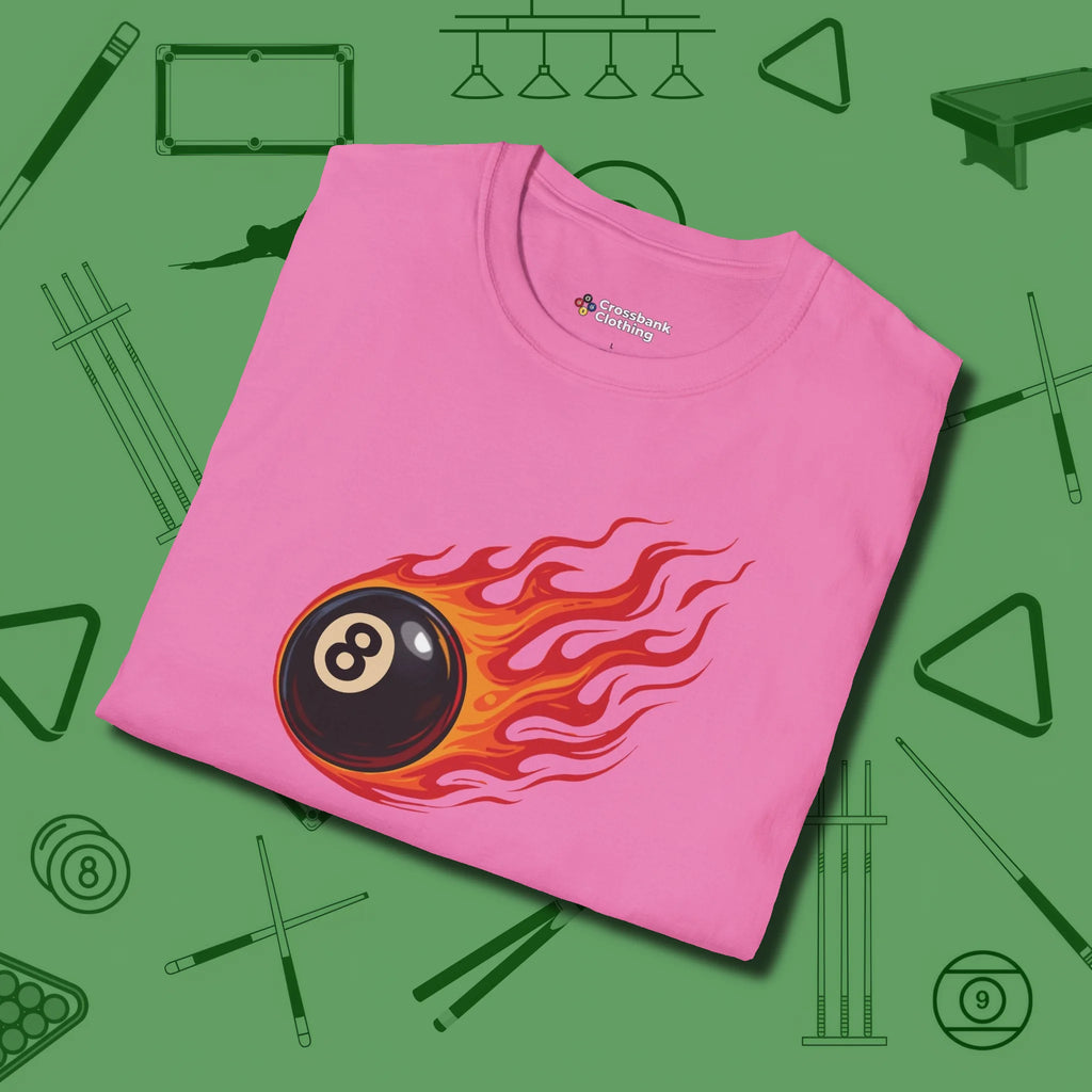 Eight Ball Inferno T-Shirt, folded view, in Azalea clean lines for dirty minds