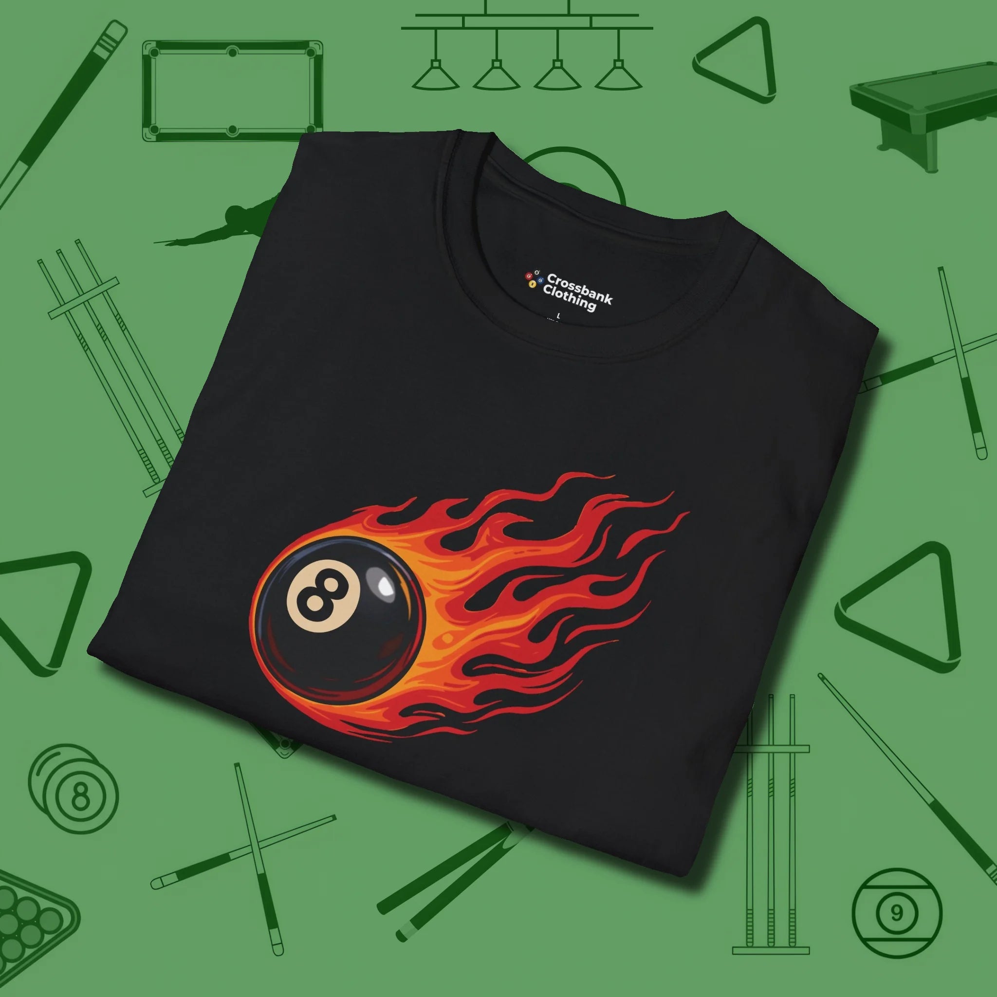 Eight Ball Inferno T-Shirt, folded view, in Black like your stroke — smooth and deliberate