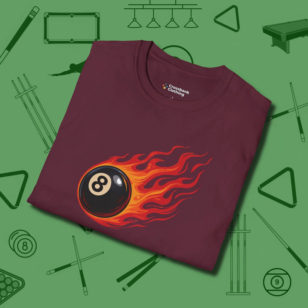 Eight Ball Inferno T-Shirt, folded view, in Maroon like your stroke — smooth and deliberate