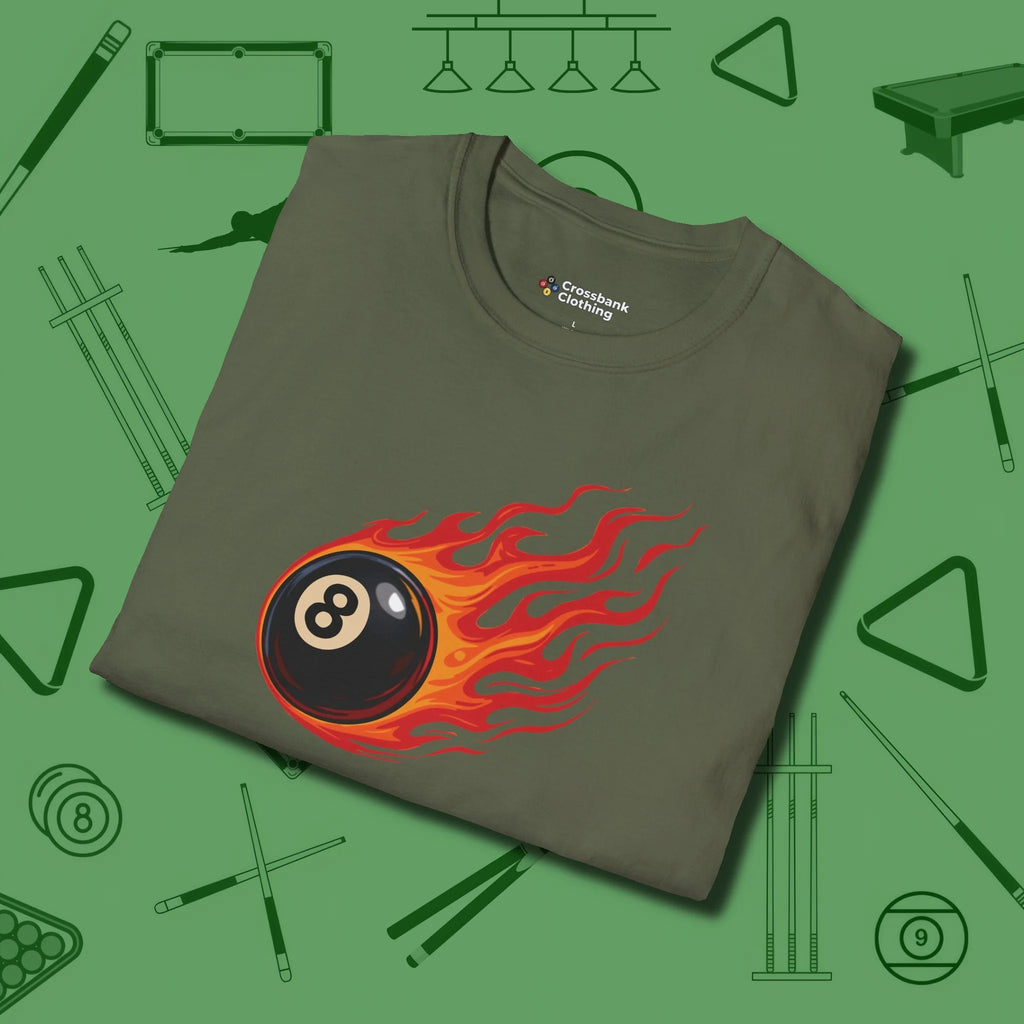 Eight Ball Inferno T-Shirt, folded view, in Military Green ideal for clean hits and clean fits