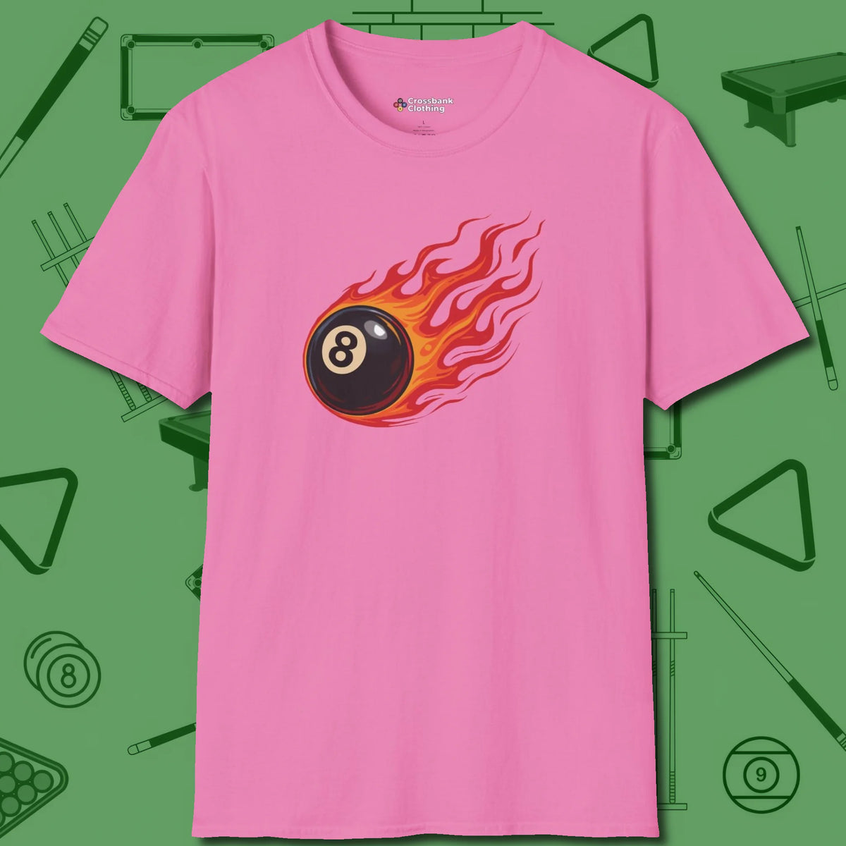 Eight Ball Inferno T-Shirt, front view, in Azalea like your stroke — smooth and deliberate